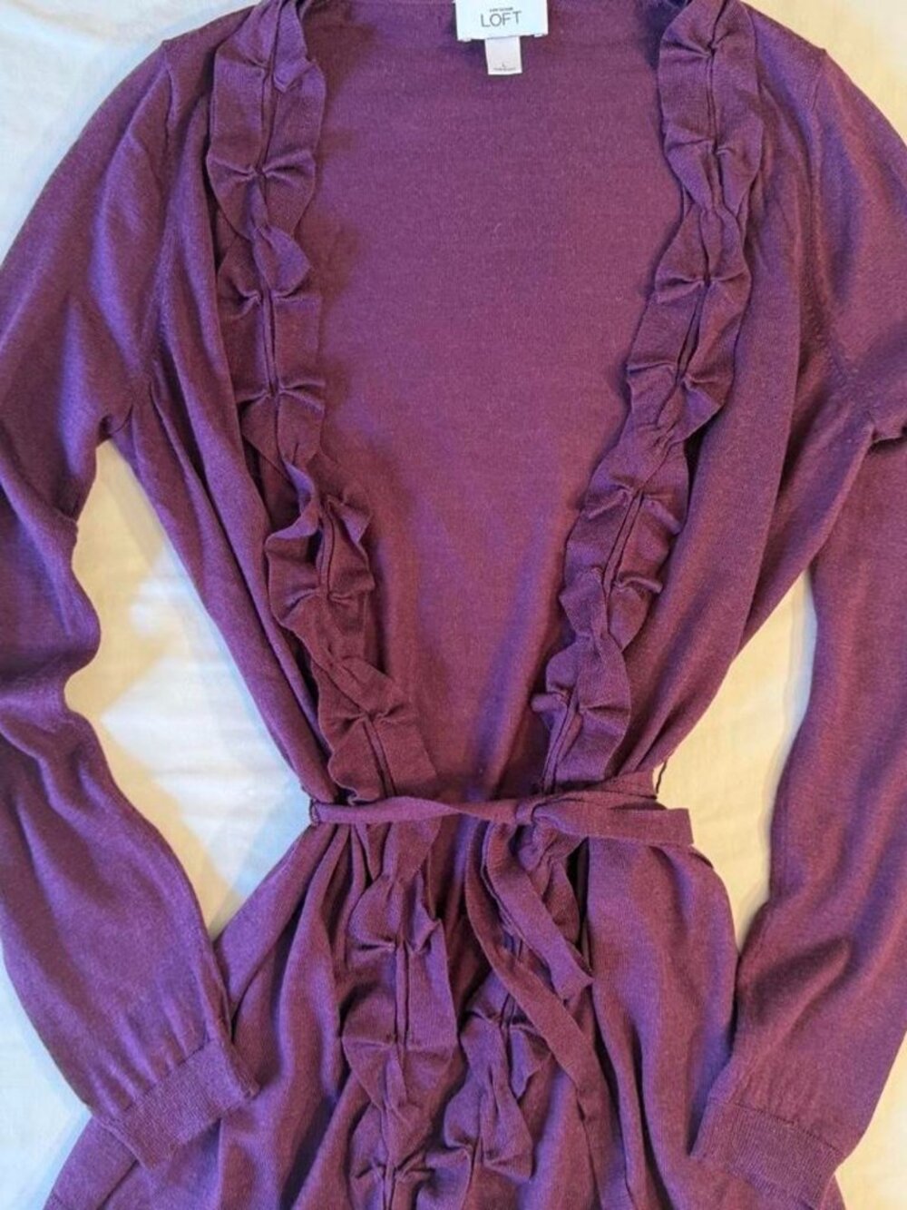 Ann Taylor LOFT Merino Wool Ruffle Cardigan Large Purple Tie Waist